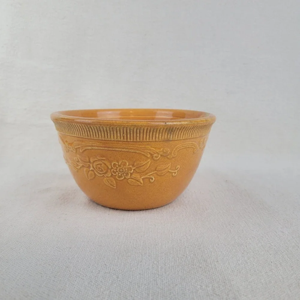 Homer Laughlin Oven Serve Yellow Ware Mixing Bowl Floral Embossed Vintage 6 inch